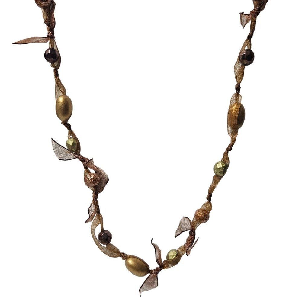 Cookie Lee Beaded Ribbon Necklace Brown Gold Boho Retro Fashion Jewelry Women